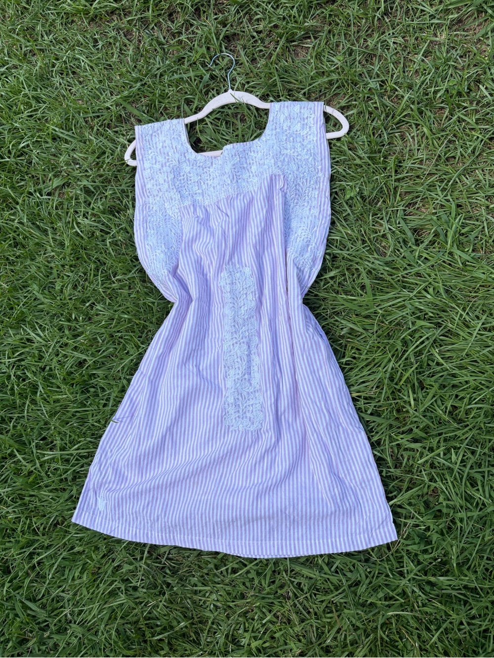 Lavender Striped Midi Dress with Embroidered Yoke